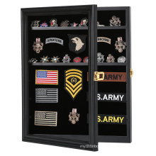 Military Challenge Coin Medals Pins Collector Wood Lockable Cabinet Black Display Case  with Removable Shelf